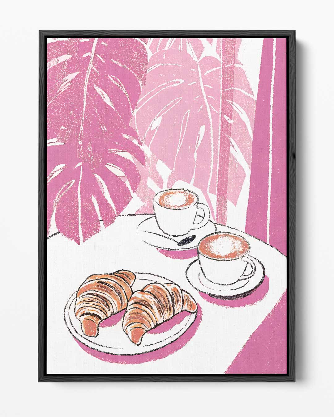Koffie en Croissants in Roze Oase Kunstwerk-canvas-dibond-plexiglas-wanddecoratie-WallArtistic