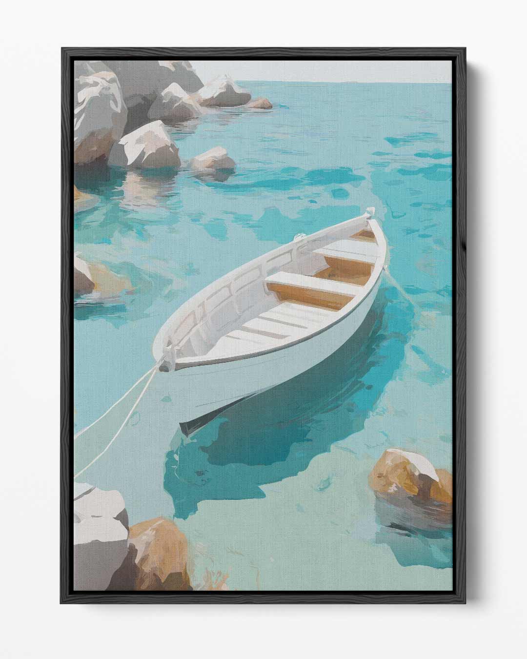 Rustgevend Bootje op Helder Blauw Water Kunstwerk-canvas-dibond-plexiglas-wanddecoratie-WallArtistic