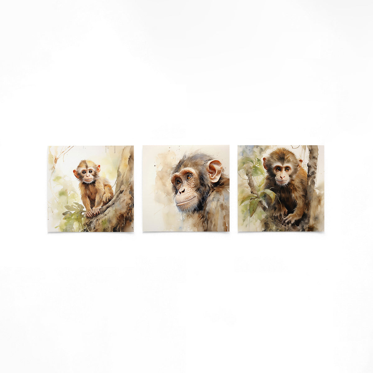 Drie vierkante posters met apenportretten op een gebroken witte achtergrond