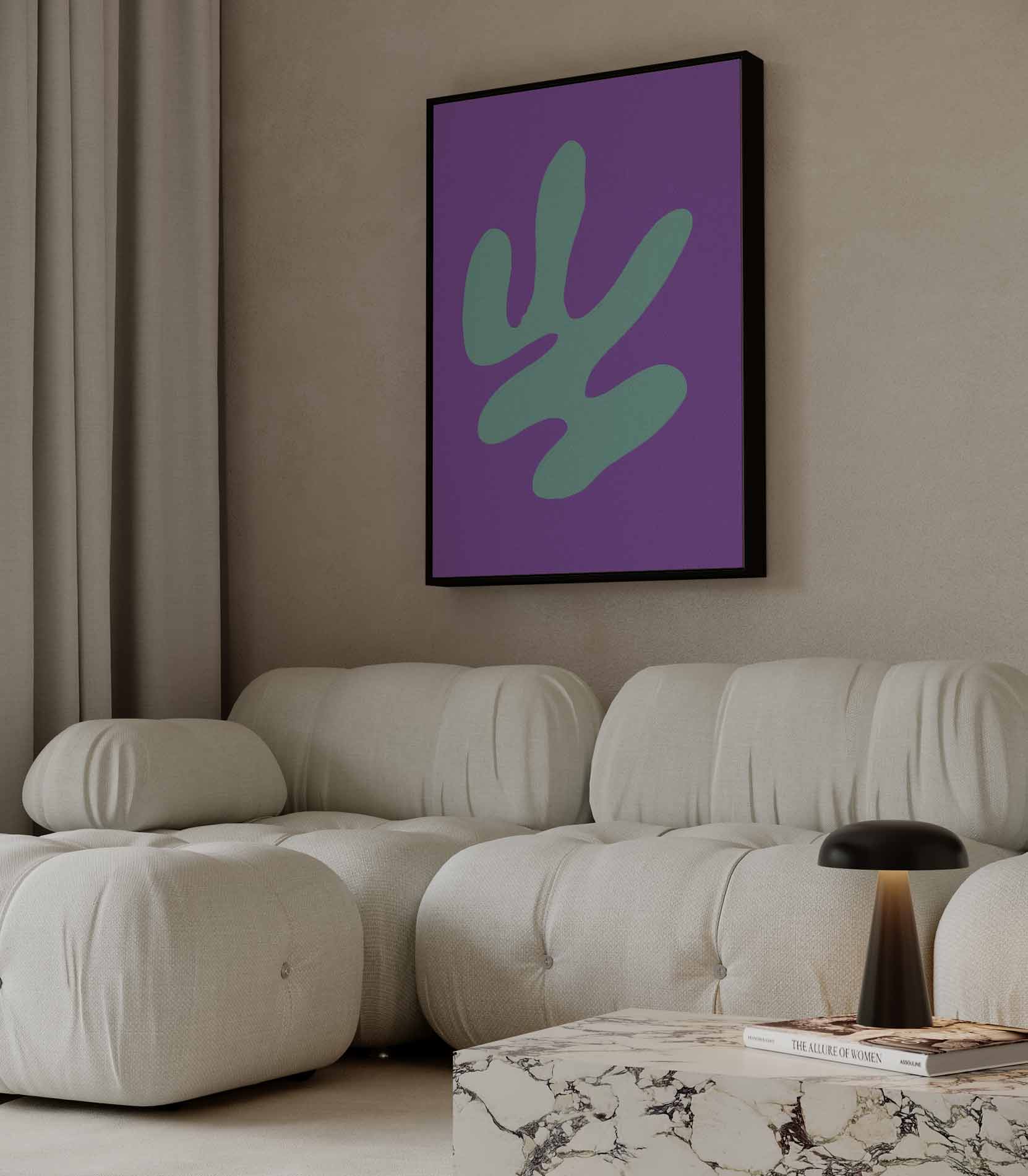 Abstracte Blauwe Vormen op Paars Kunstwerk-canvas-dibond-plexiglas-wanddecoratie-WallArtistic