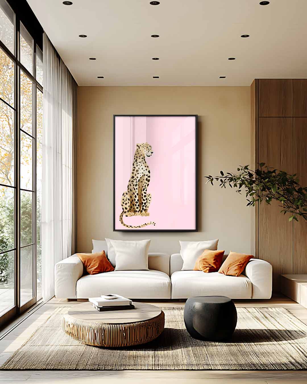 Elegante Luipaard op Roze Achtergrond Kunstwerk-canvas-dibond-plexiglas-wanddecoratie-WallArtistic