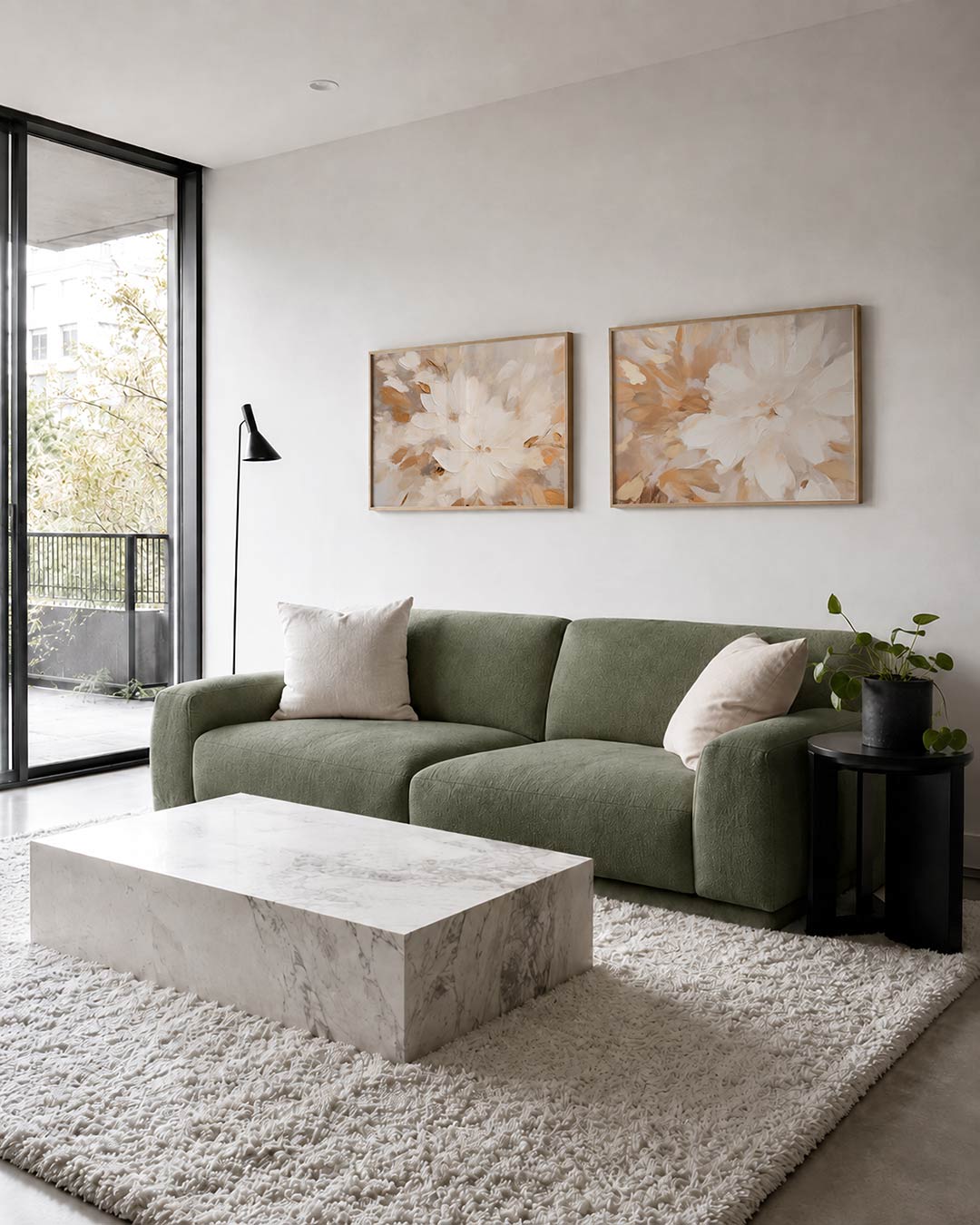 Tweedelige posterset met een zachte mix van witte en bruine bloembladen, getoond in een interieur
