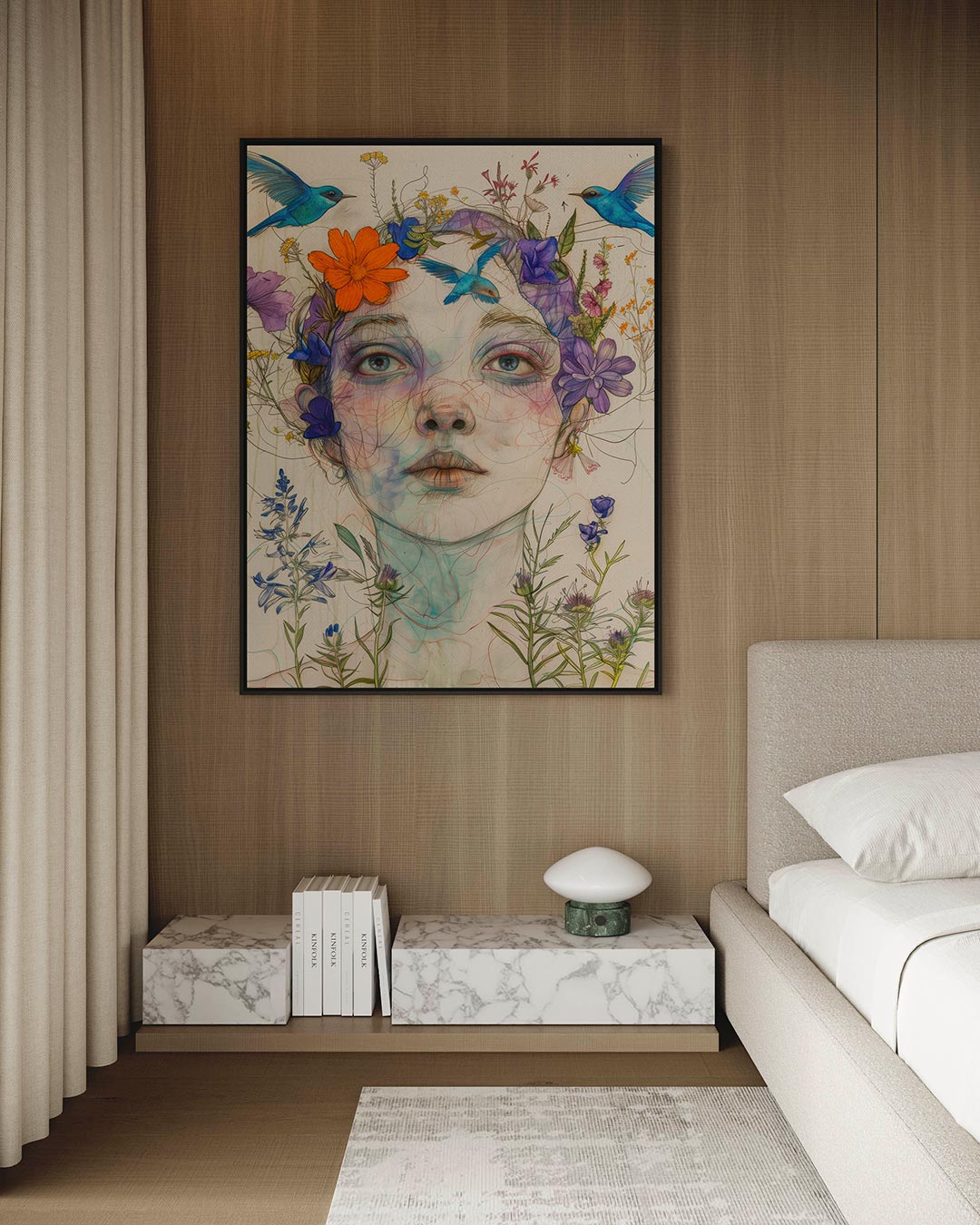 Vrouw met bloemen en vogels Kunstwerk