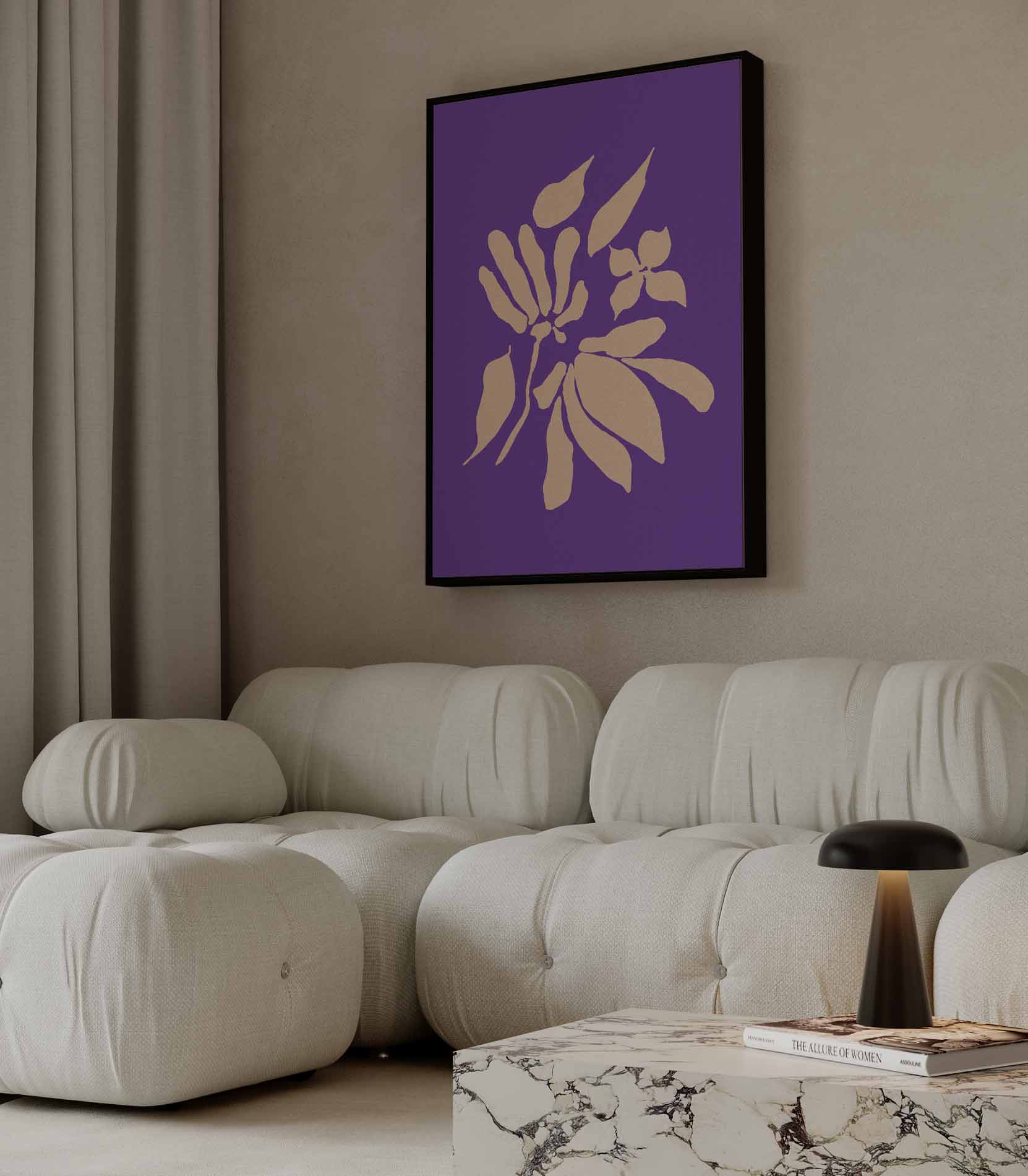 Bloemige Abstractie op Paarse Achtergrond Kunstwerk-canvas-dibond-plexiglas-wanddecoratie-WallArtistic