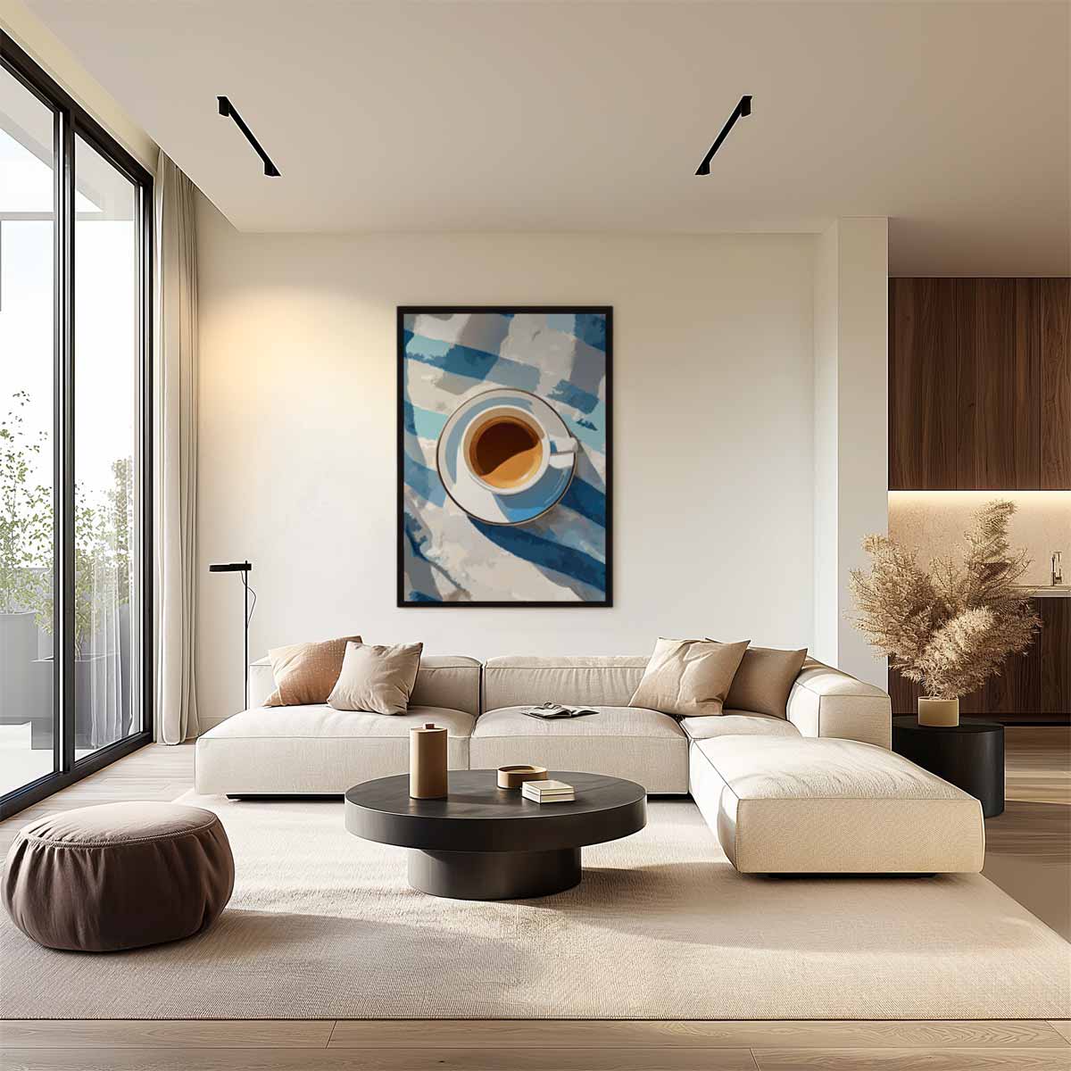 Koffiepauze op Blauwe Tafelloper Kunstwerk-canvas-dibond-plexiglas-wanddecoratie-WallArtistic