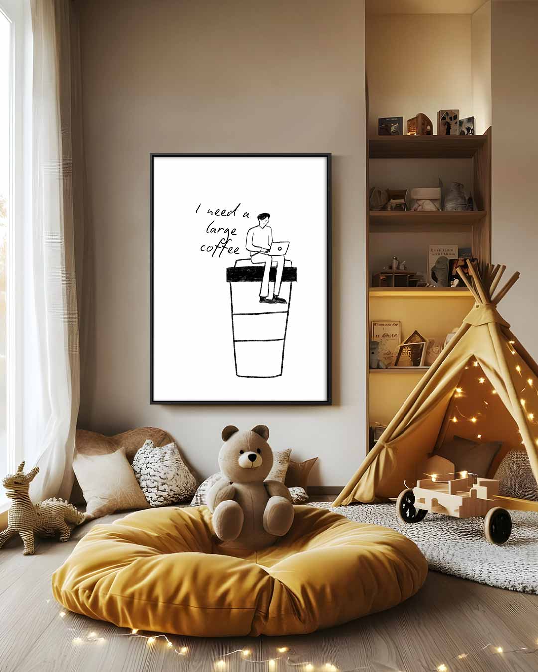 Laptopwerker op Koffiebeker Kunstwerk-canvas-dibond-plexiglas-wanddecoratie-WallArtistic