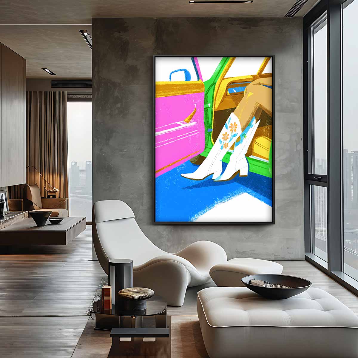 Stijlvolle Cowboylaarzen in Retro Auto Kunstwerk-canvas-dibond-plexiglas-wanddecoratie-WallArtistic