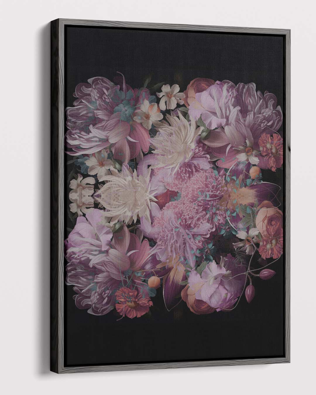 Bloemenpracht op Zwart Kunstwerk-canvas-dibond-plexiglas-wanddecoratie-WallArtistic