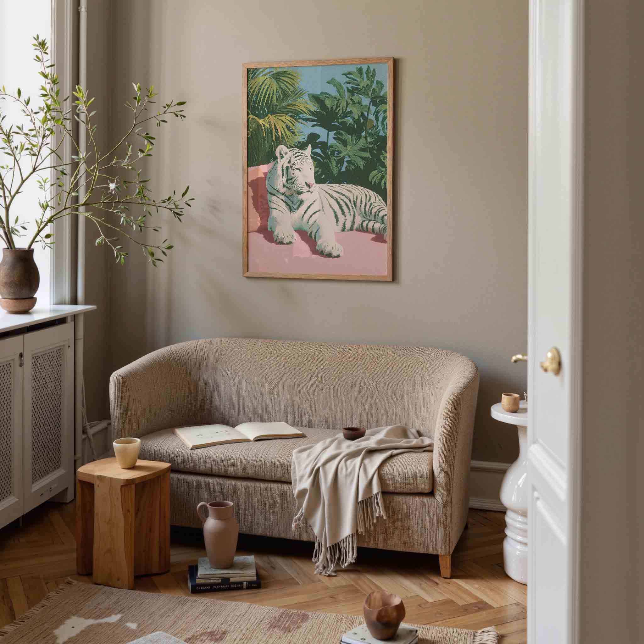 Witte tijger met bladeren Poster