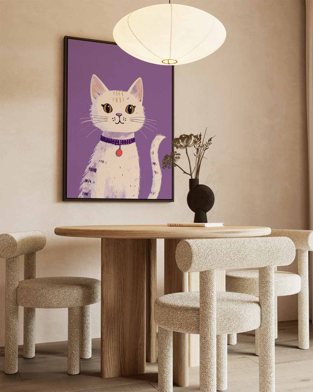Speelse Kat op Paarse Achtergrond Kunstwerk-canvas-dibond-plexiglas-wanddecoratie-WallArtistic