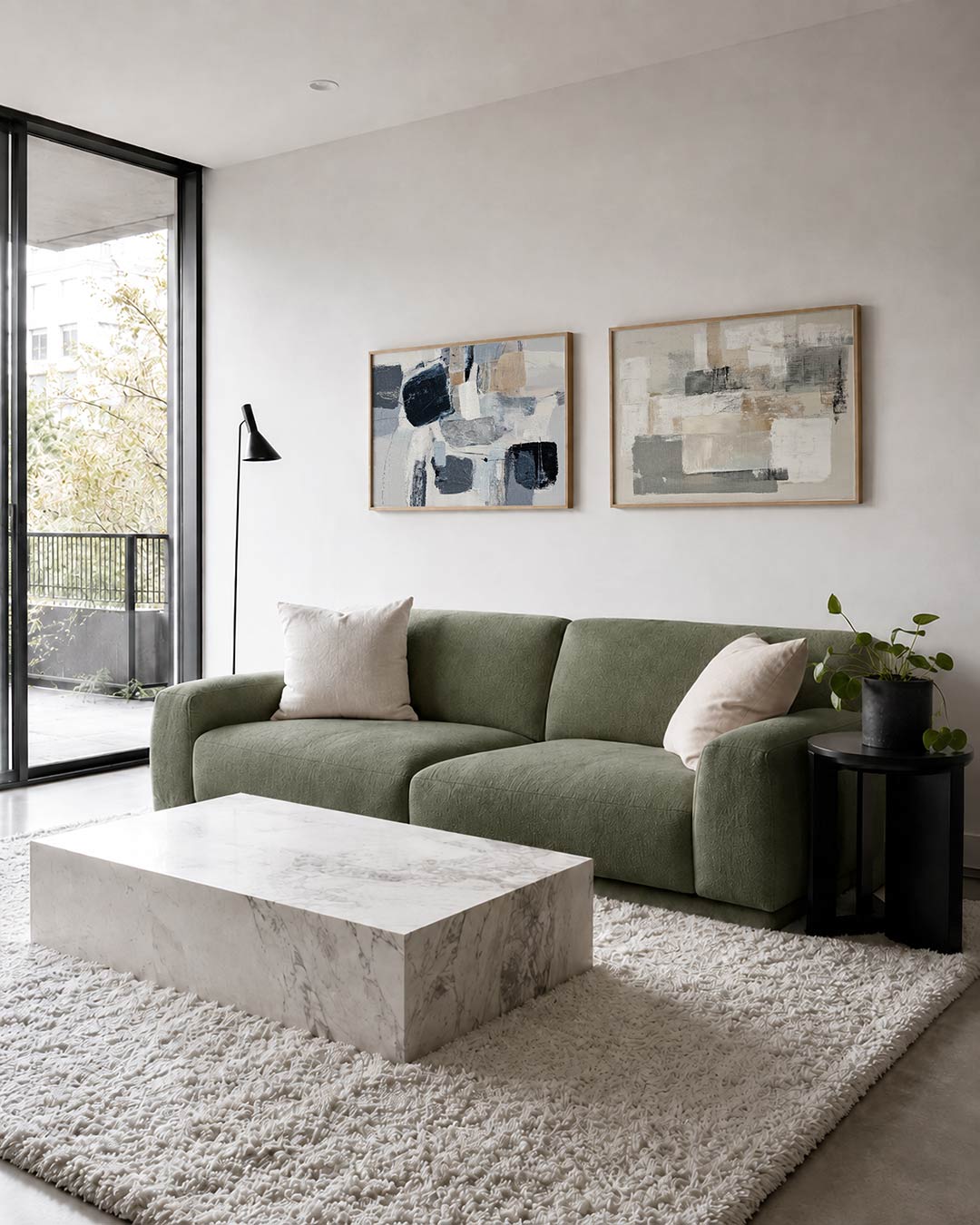 Twee liggende posters met rechthoeken en vegen in grijstinten, zwart en beige, aan de muur in een interieur