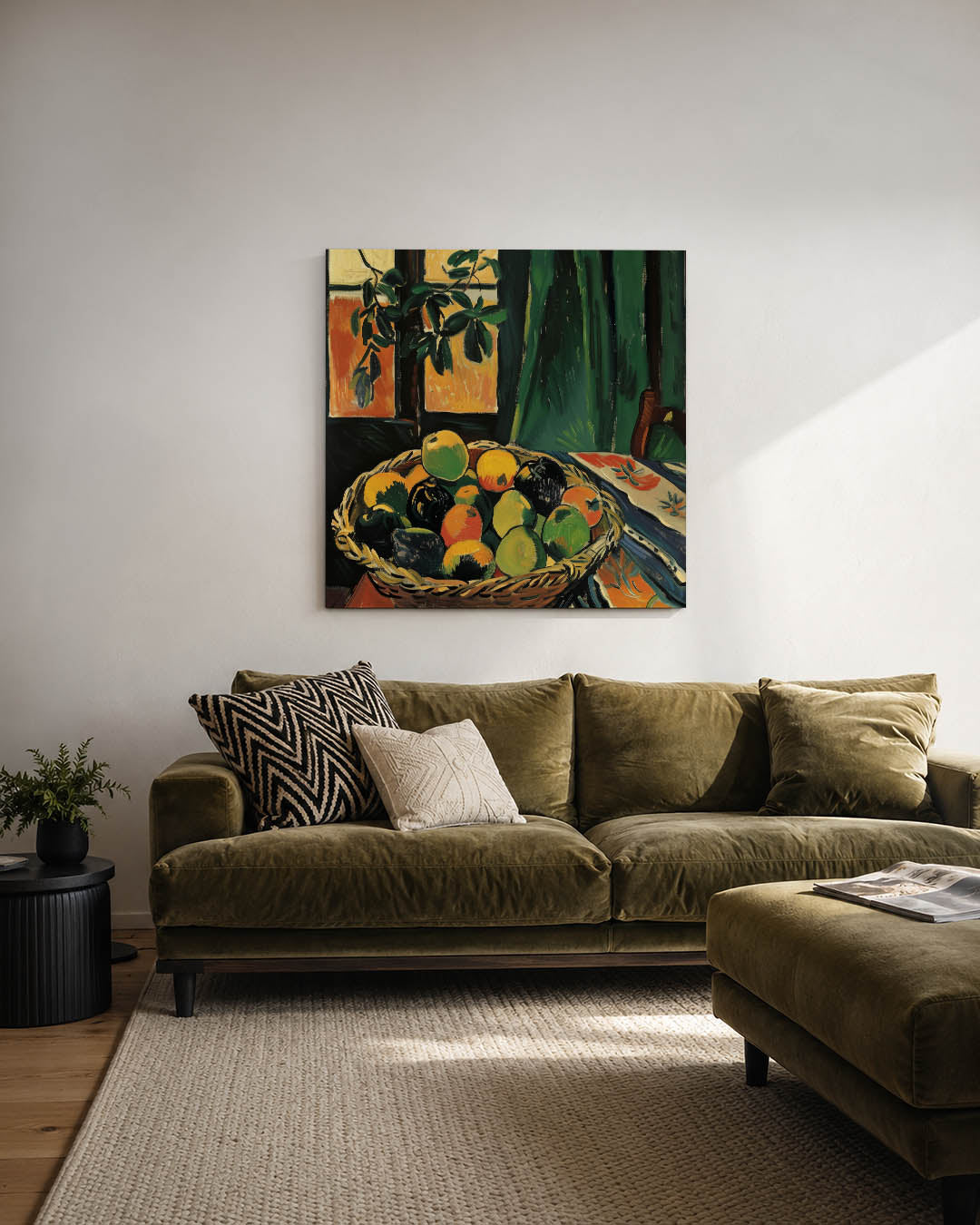 Fruitmand met groene gordijn Kunstwerk