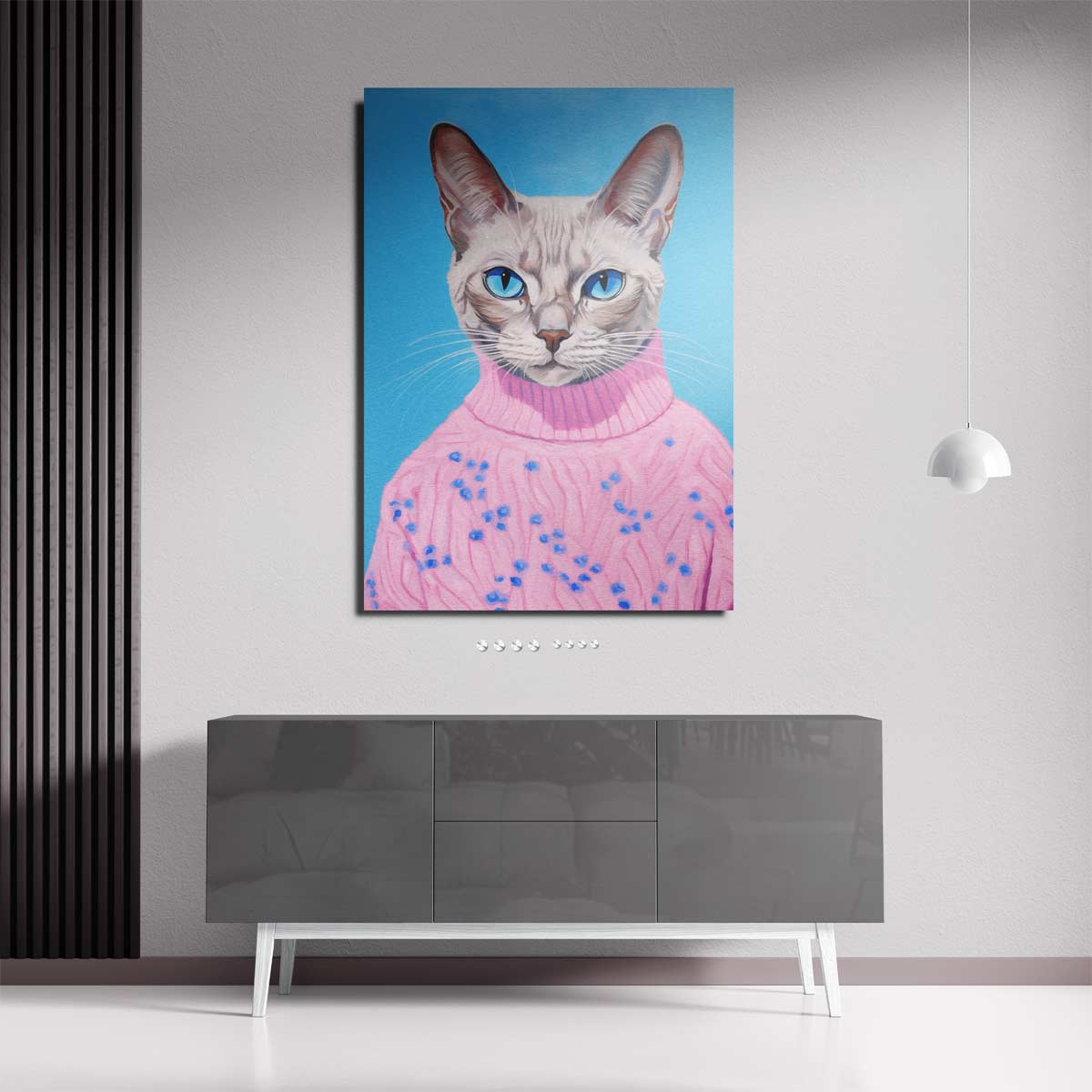 Kat in Roze Trui Portret Kunstwerk-canvas-dibond-plexiglas-wanddecoratie-WallArtistic
