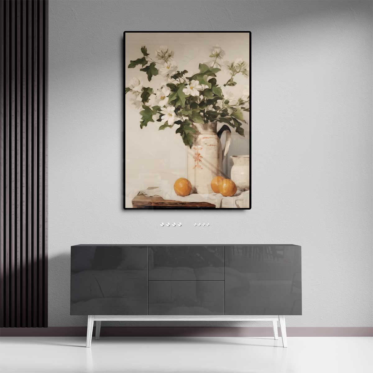 Bloemen en Sinaasappels in Aardewerken Kan Kunstwerk-canvas-dibond-plexiglas-wanddecoratie-WallArtistic