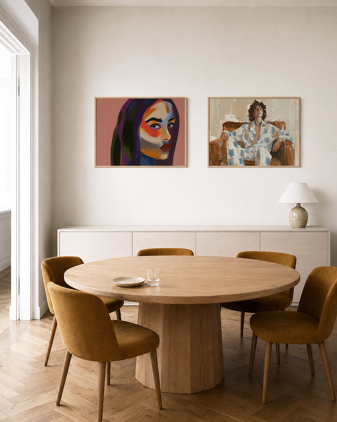 Twee liggende posters met een gezicht met levendige kleurvlakken en vloeiende lijnen, aan de muur in een interieur