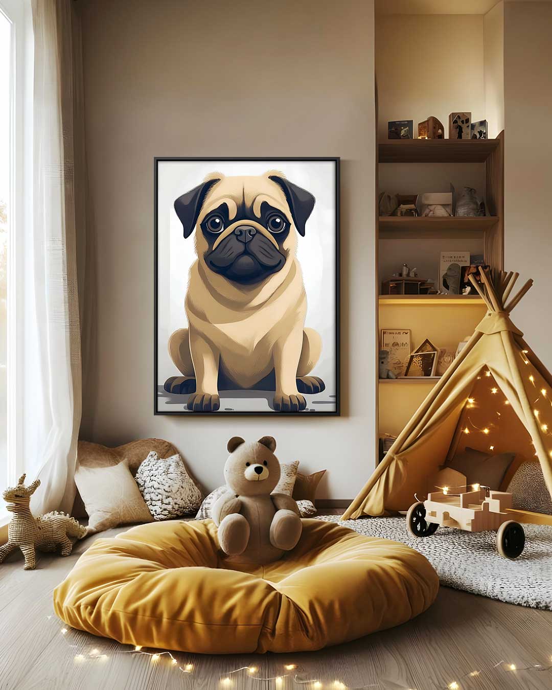 Schattige Mopshond Illustratie Kunstwerk-canvas-dibond-plexiglas-wanddecoratie-WallArtistic
