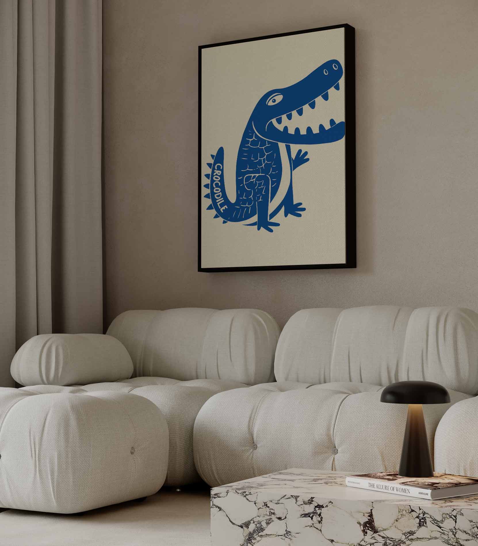 Speelse Blauwe Krokodil Illustratie Kunstwerk-canvas-dibond-plexiglas-wanddecoratie-WallArtistic