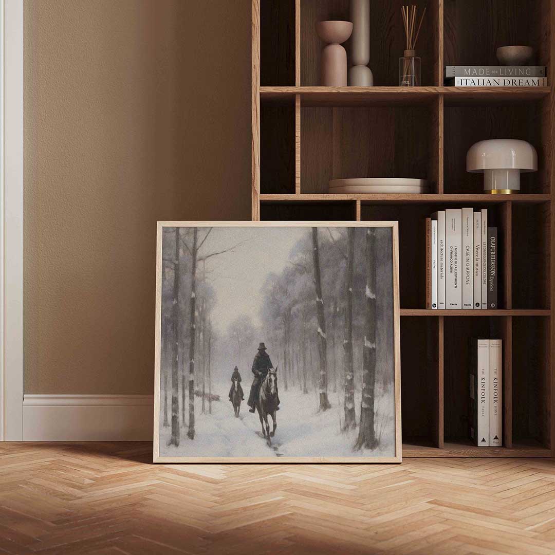 Ruiters in besneeuwd bos Poster