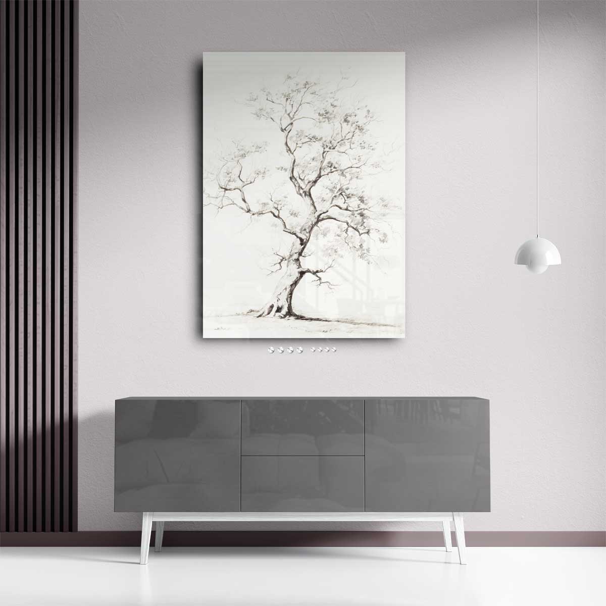 Elegante Boomtekening in Zwart-Wit Kunstwerk-canvas-dibond-plexiglas-wanddecoratie-WallArtistic