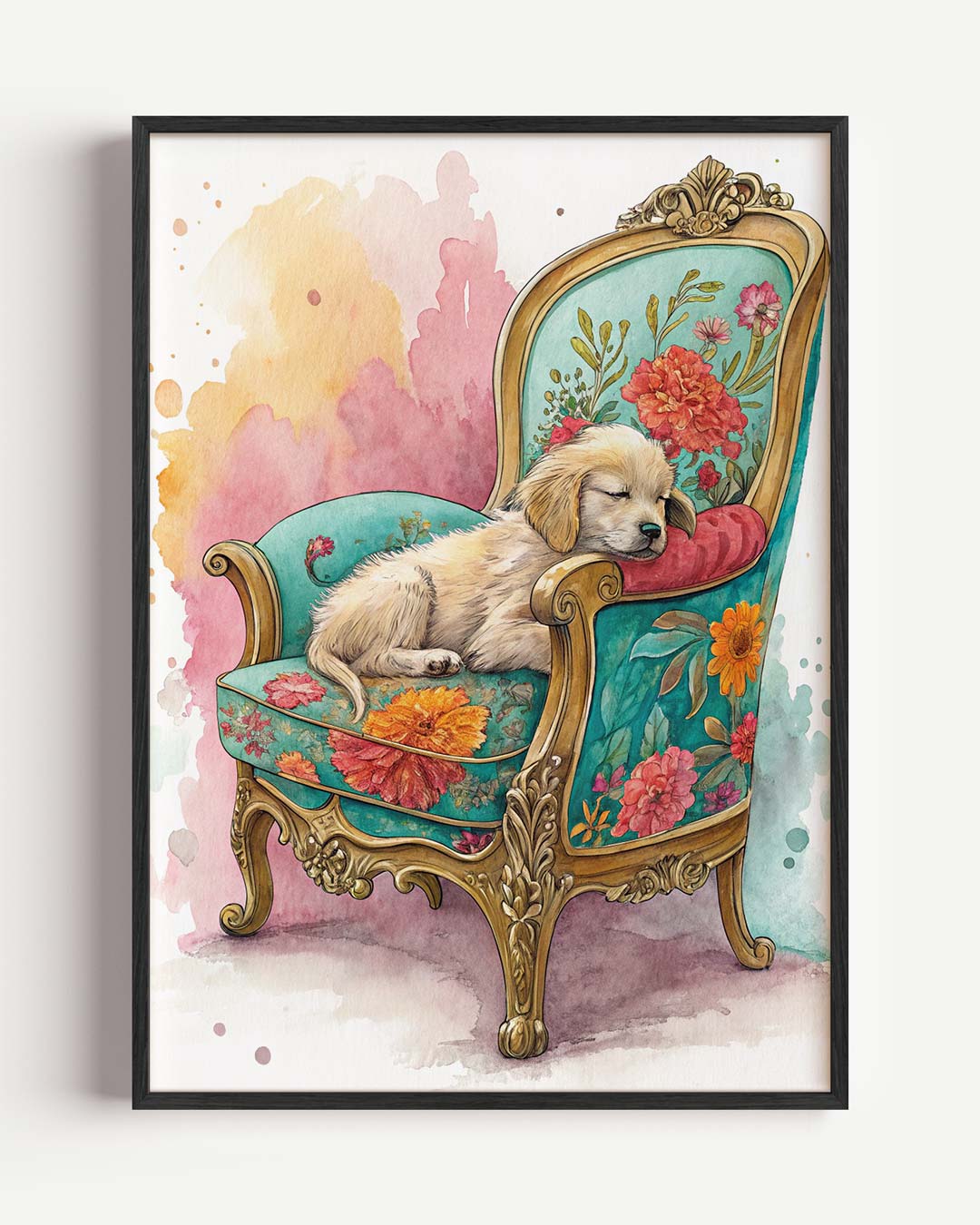 Dromerig Puppy op Bloemenstoel Poster