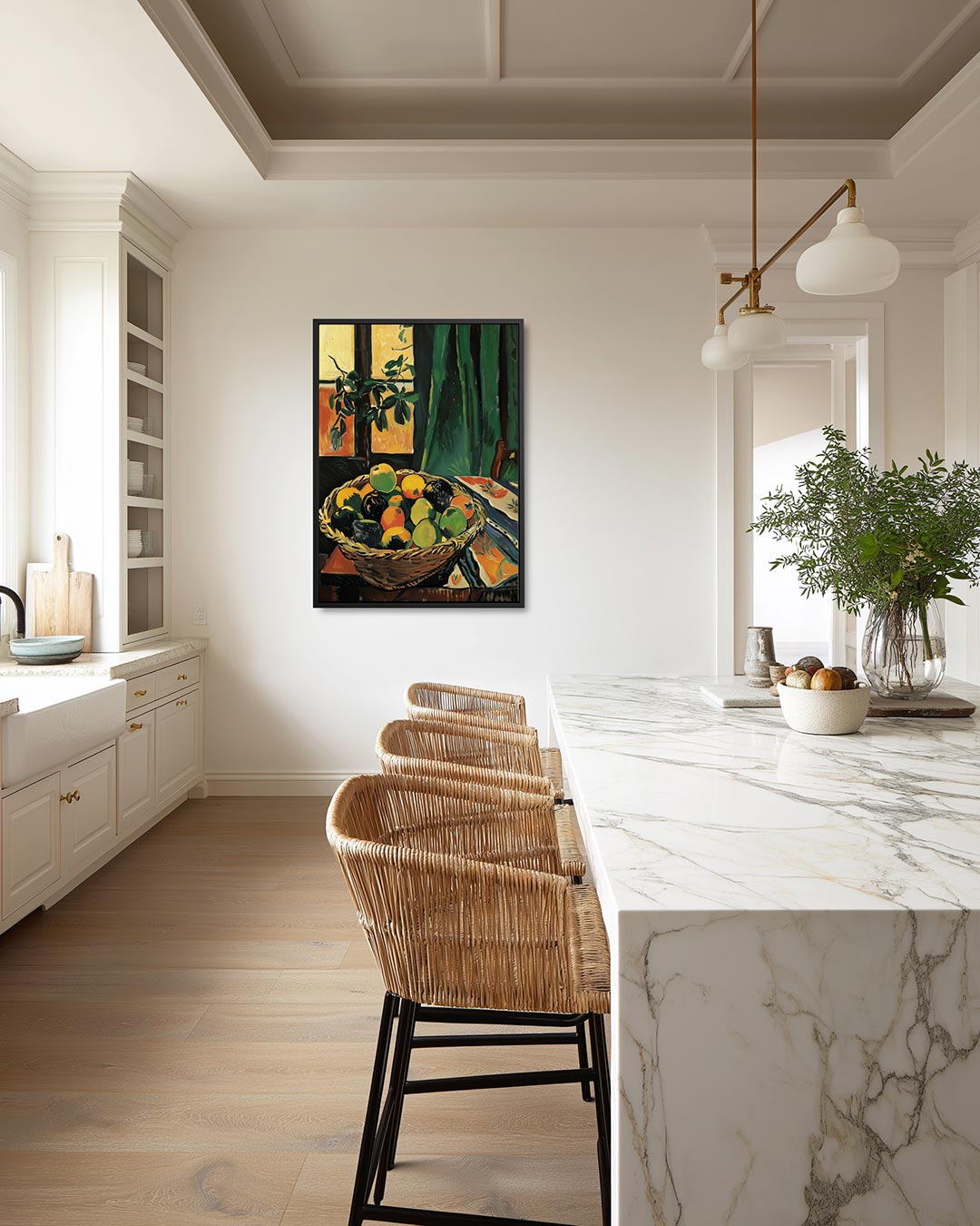 Fruitmand met gordijn Kunstwerk