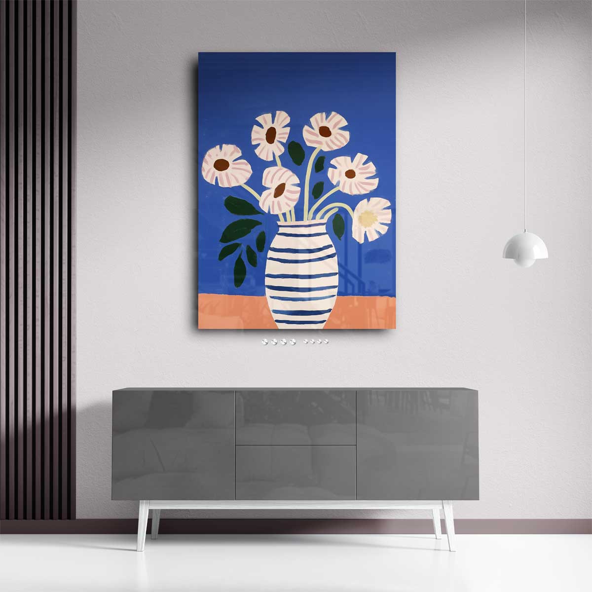 Stralende Bloemen in Gestreepte Vaas Kunstwerk-canvas-dibond-plexiglas-wanddecoratie-WallArtistic