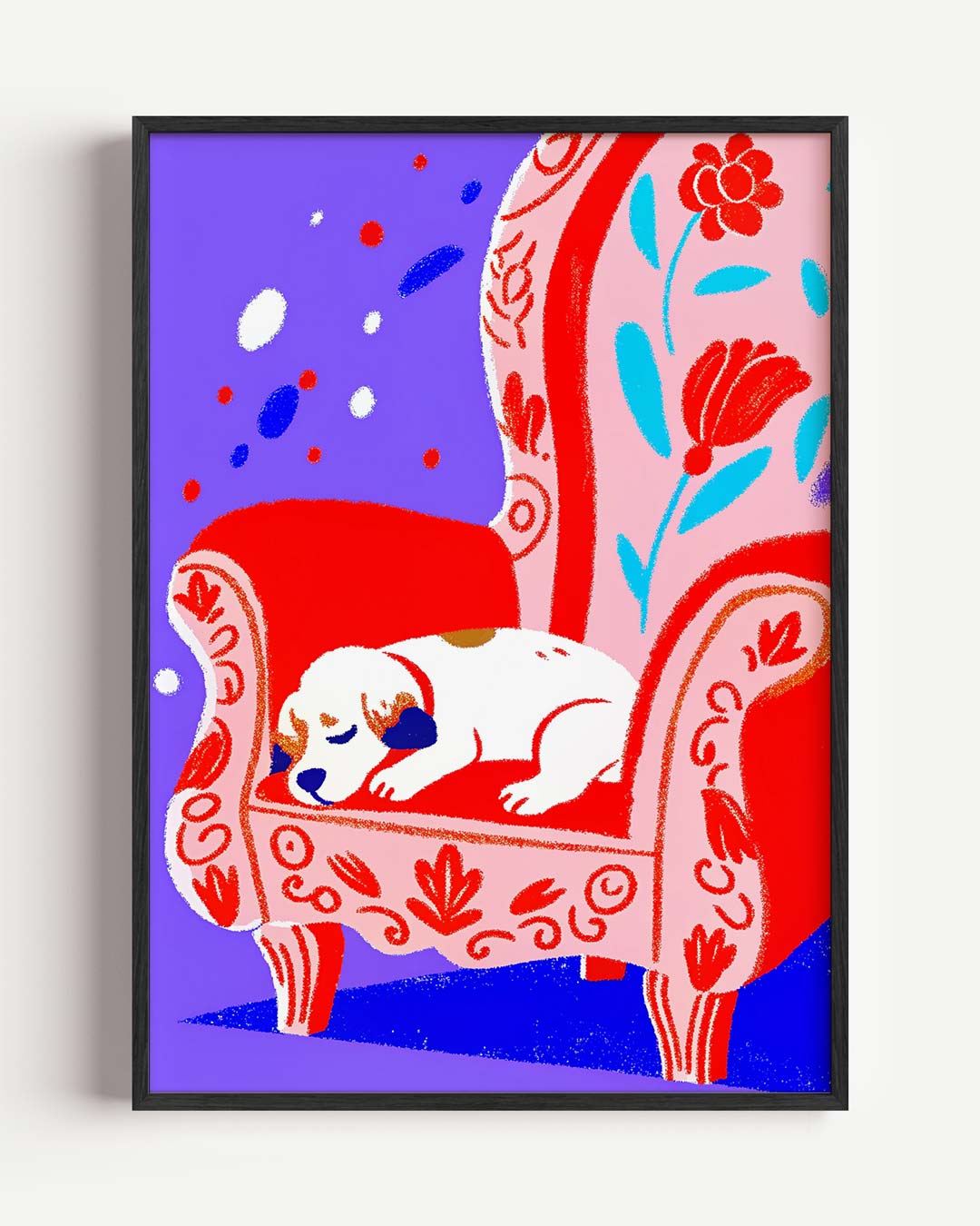 Dromerige Puppy op Bloemrijke Fauteuil Poster