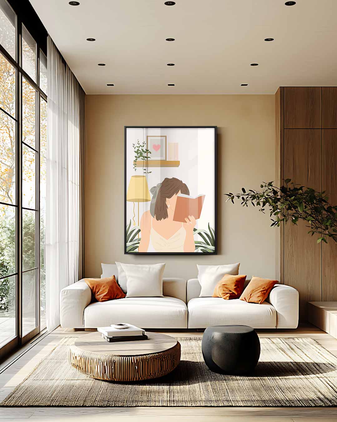 Lezende Vrouw in een Gezellige Kamer Kunstwerk-canvas-dibond-plexiglas-wanddecoratie-WallArtistic
