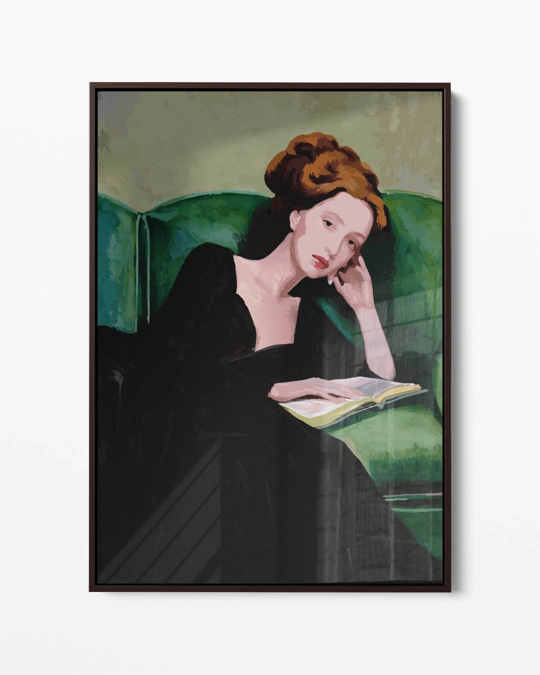 Dromerige Lezeres op Groene Bank Kunstwerk-canvas-dibond-plexiglas-wanddecoratie-WallArtistic