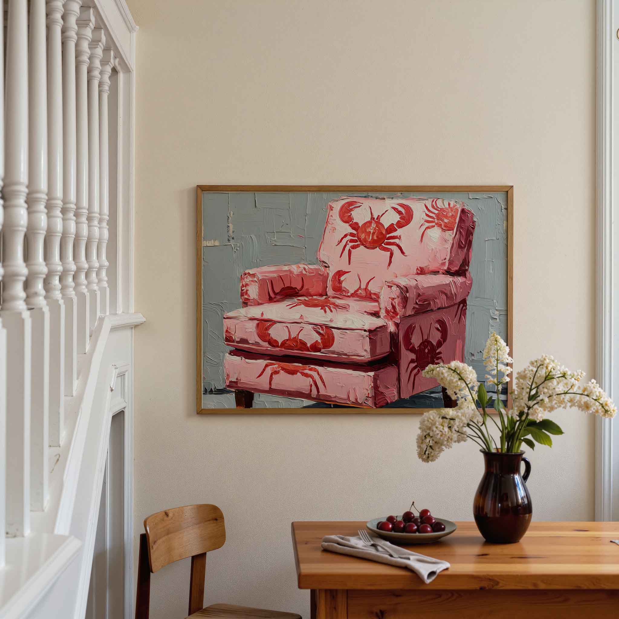 Kreeftmotief op roze stoel Poster