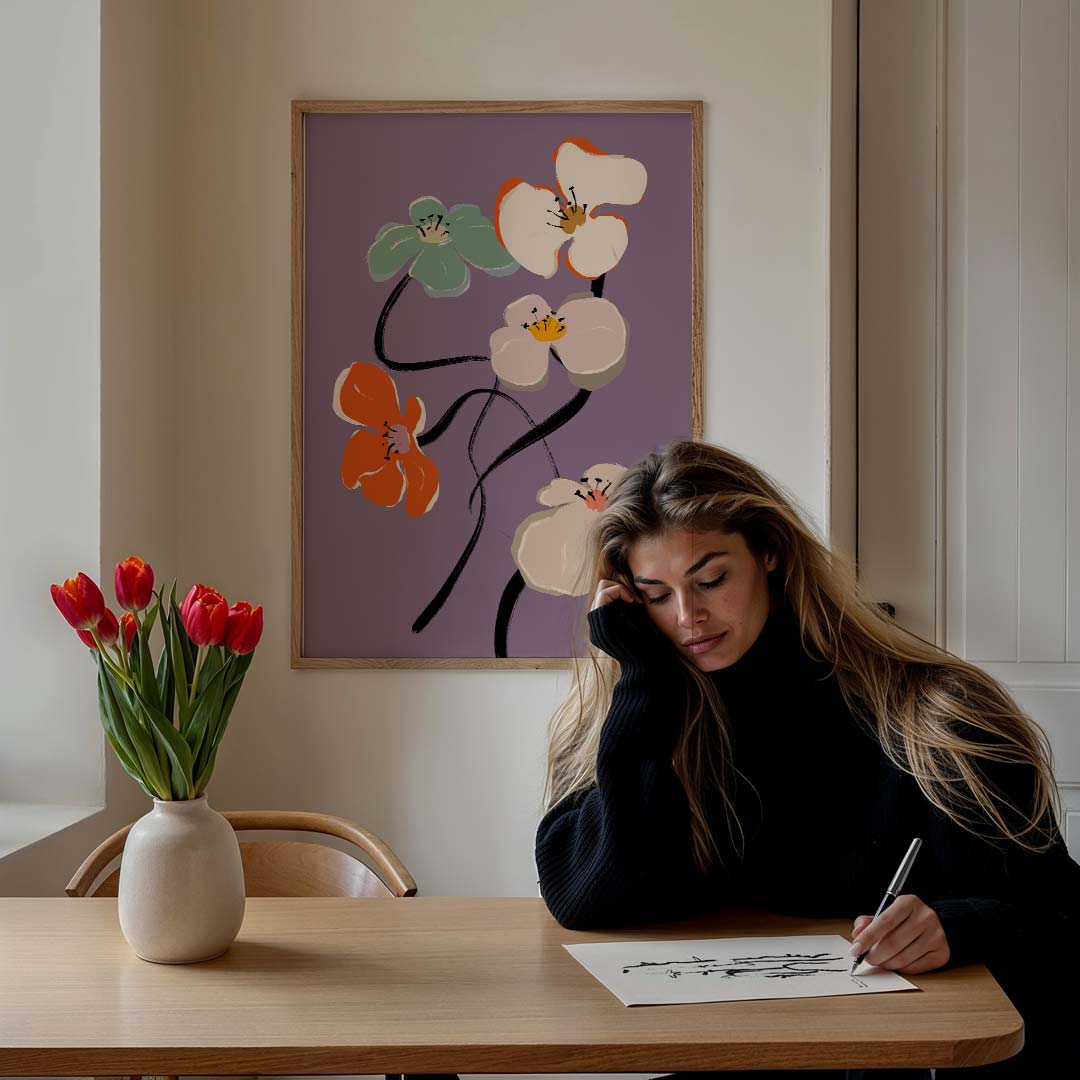Vrolijke Bloemen op Paarse Achtergrond Poster-WallArtistic