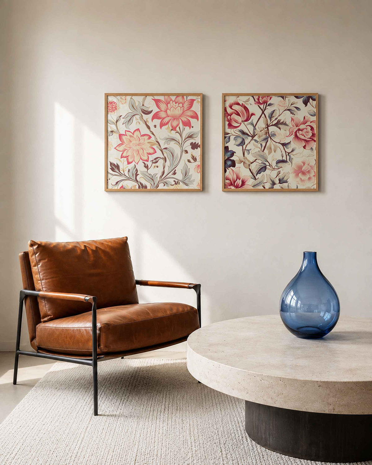 Interieurpresentatie van een tweedelige vierkante posterset met bloemen en bladeren