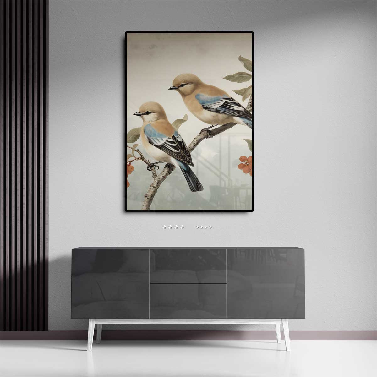 Dromerige Vogels op een Tak Kunstwerk-canvas-dibond-plexiglas-wanddecoratie-WallArtistic