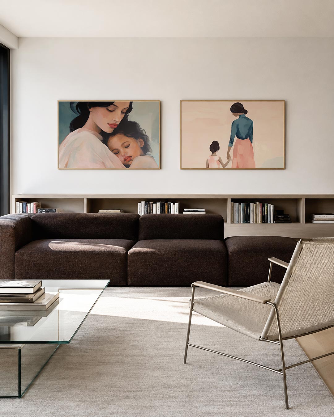 Twee liggende posters met donkere tinten en een rustige visuele opbouw, aan de muur in een interieur