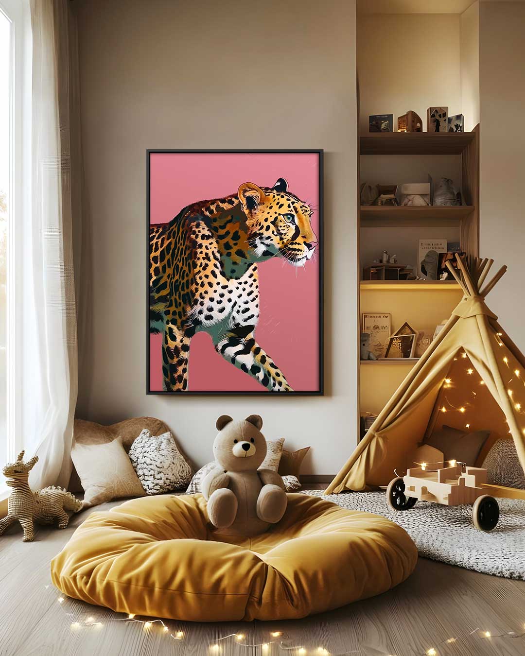 Elegante Luipaard op Roze Achtergrond Kunstwerk-canvas-dibond-plexiglas-wanddecoratie-WallArtistic