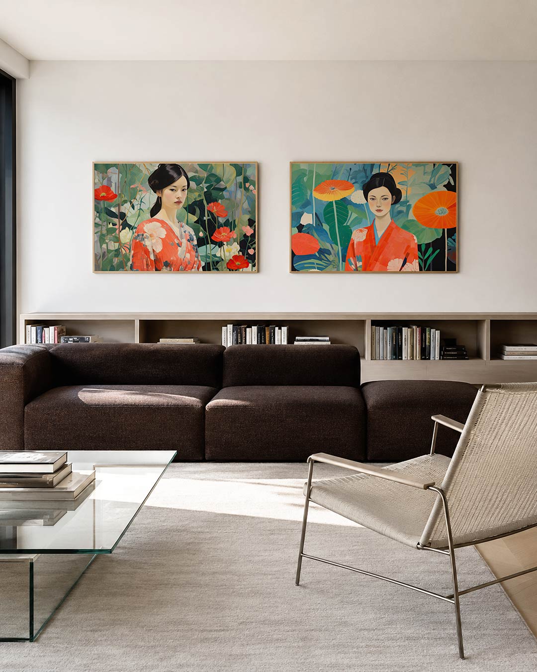 Twee liggende posters met deze posterset in twee delen combineert een vrouw in een kleurrijke, aan de muur in een interieur