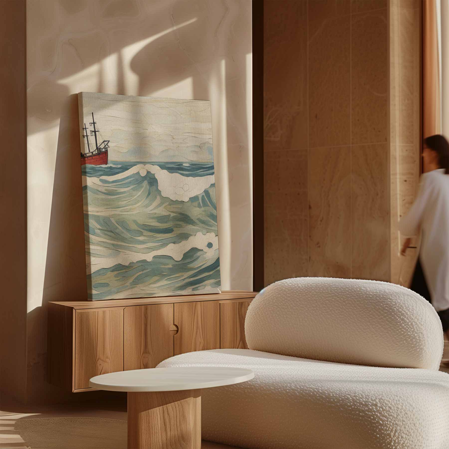 Golven van Avontuur: Rood Schip op Zee Kunstwerk-canvas-dibond-plexiglas-wanddecoratie-WallArtistic