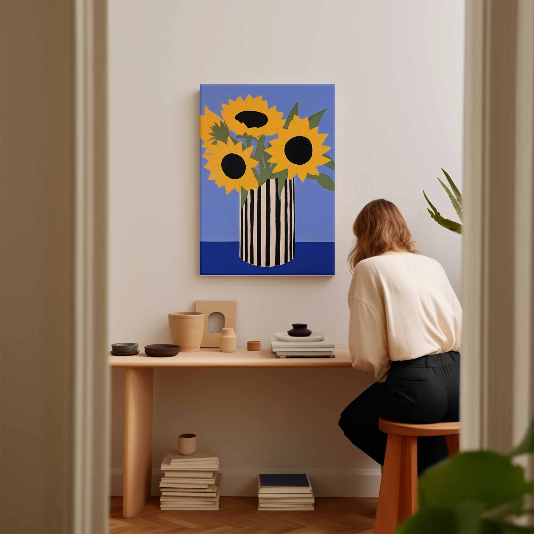 Zonnige Zonnebloemen in Streepjesvaas Kunstwerk-canvas-dibond-plexiglas-wanddecoratie-WallArtistic