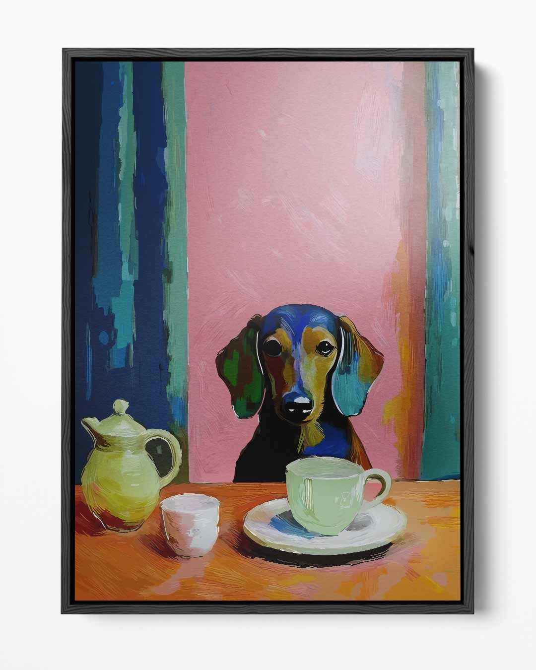 Koffiepauze met Teckel Kunstwerk-canvas-dibond-plexiglas-wanddecoratie-WallArtistic