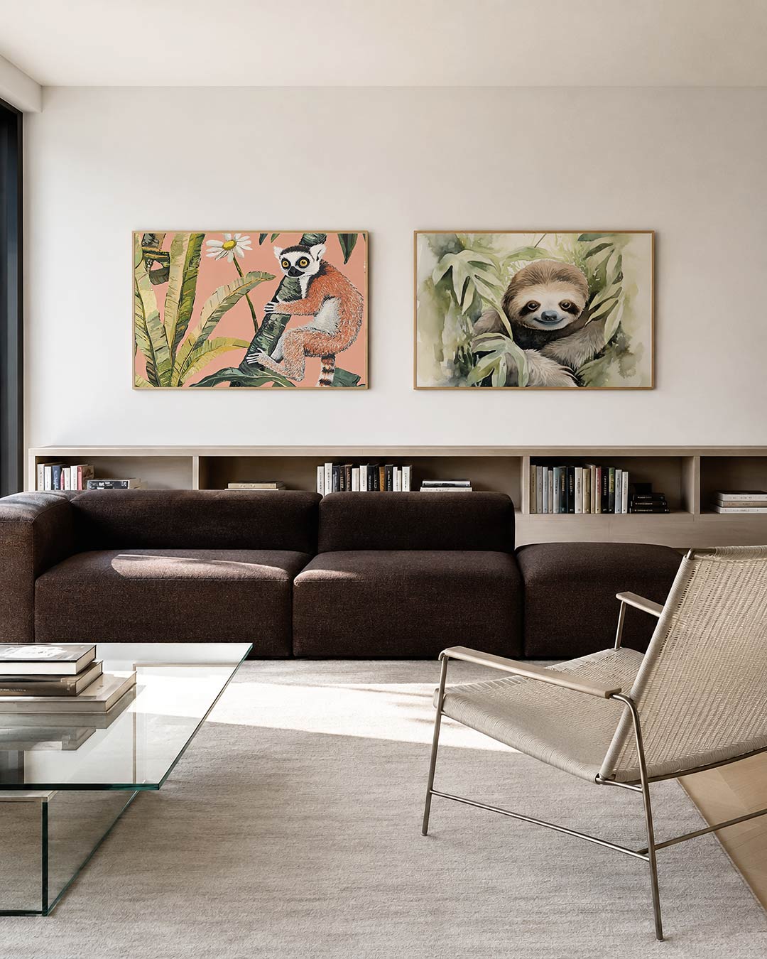 Tweedelige posterset met een levendig tafereel met een dier dat een boom omarmt, getoond in een interieur