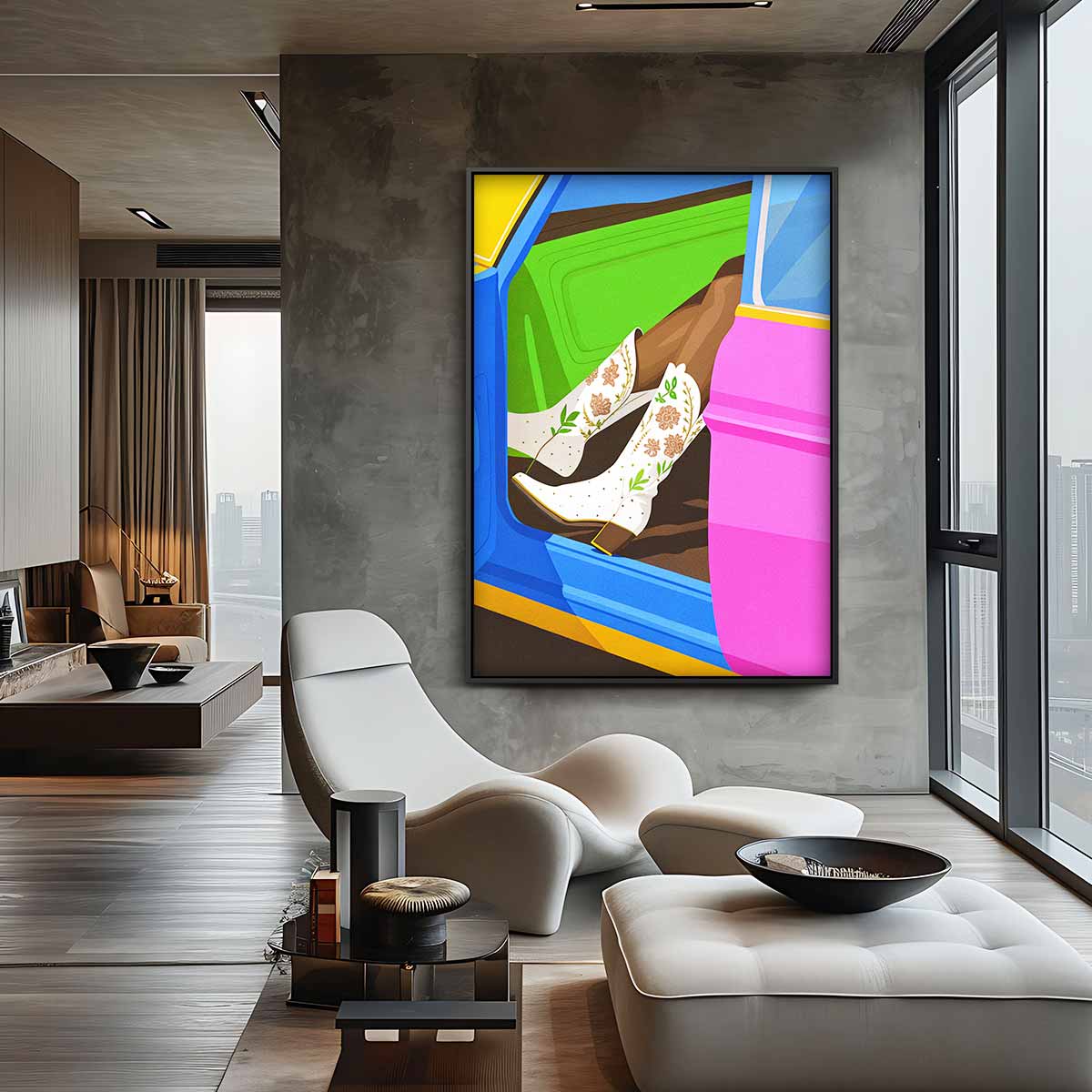 Kleurrijke Cowboylaarzen in Stijlvolle Auto Kunstwerk-canvas-dibond-plexiglas-wanddecoratie-WallArtistic
