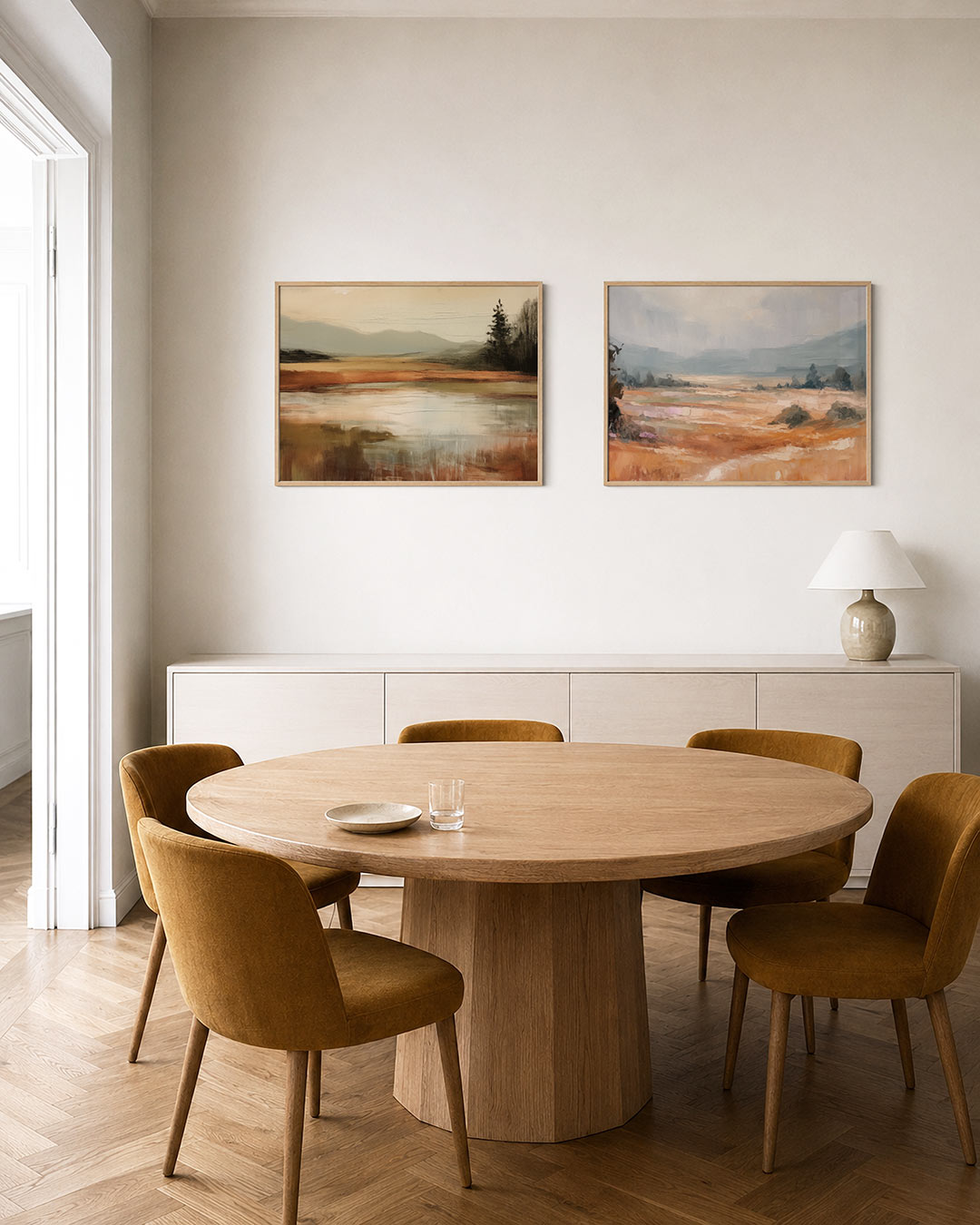 Twee liggende posters met vloeiende kleurovergangen van zachte aardetinten, aan de muur in een interieur