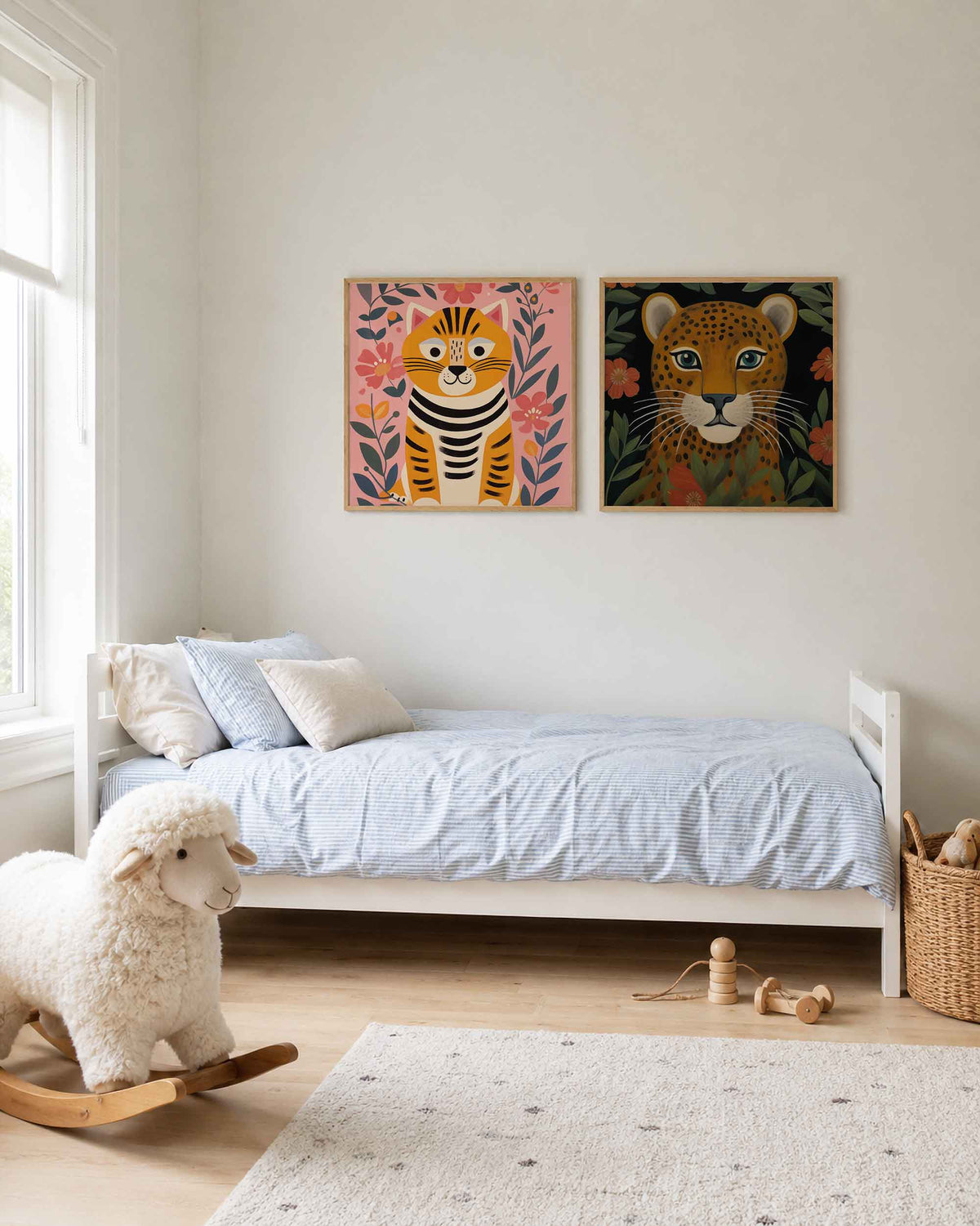 Interieurpresentatie van een tweedelige vierkante posterset met tijger en luipaard