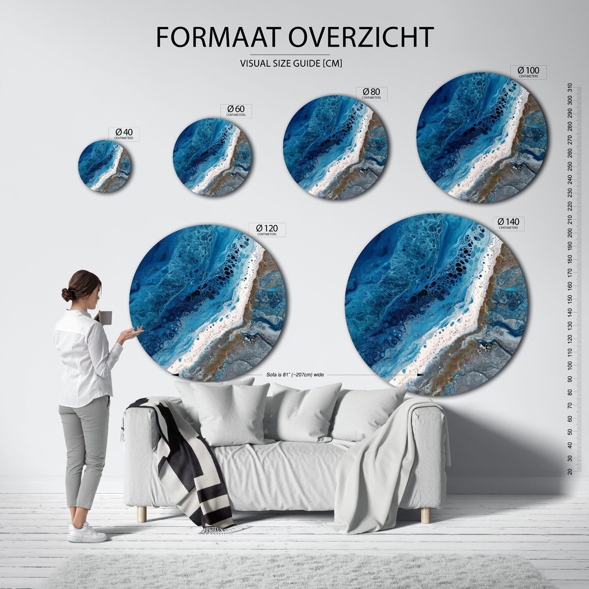 Blauwe en witte golvende Muurcirkel