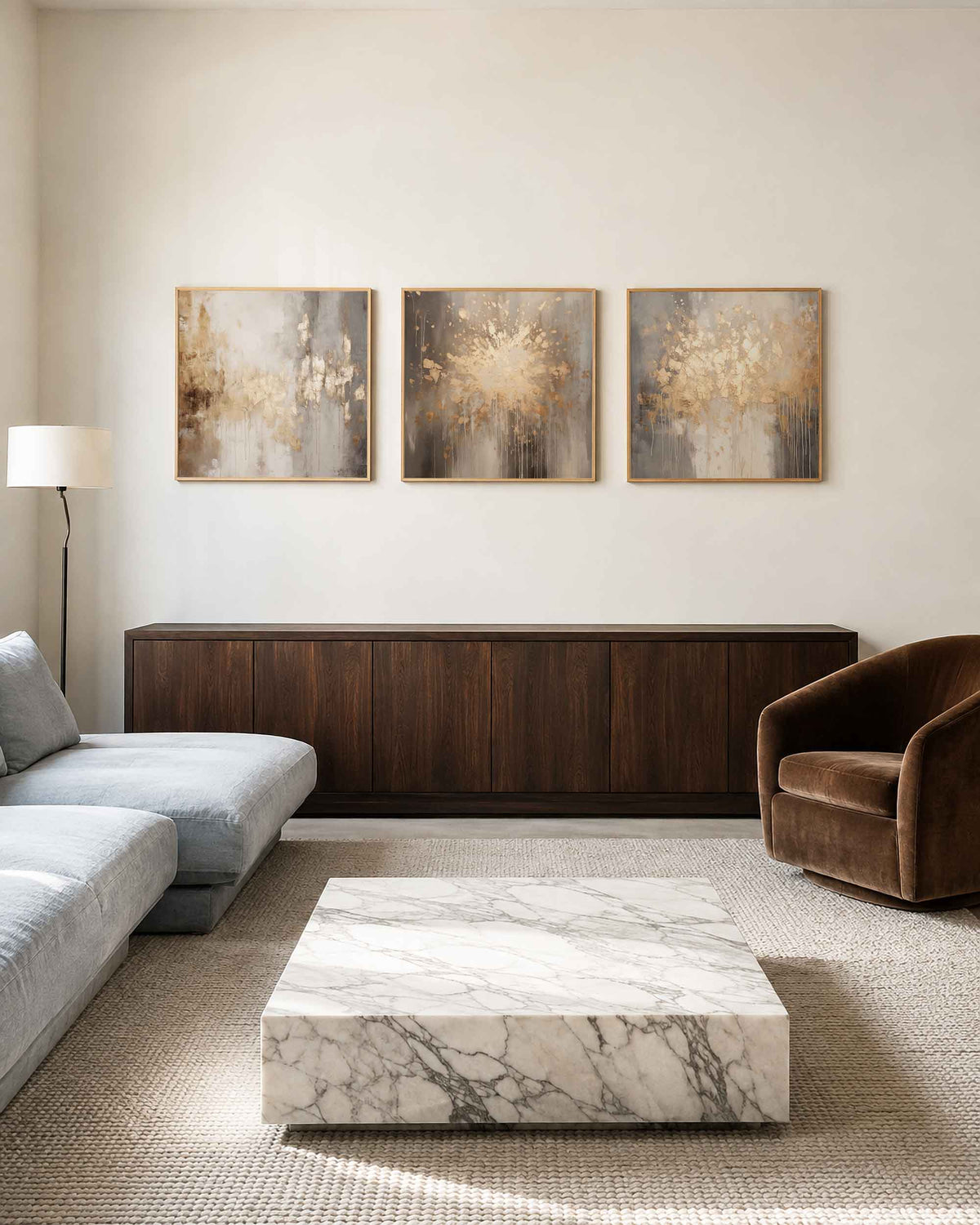 Interieurpresentatie van een driedelige vierkante posterset met abstracte goudtinten