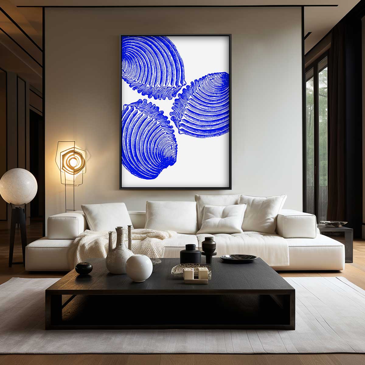 Blauwe Schelp Trio Kunstwerk Kunstwerk-canvas-dibond-plexiglas-wanddecoratie-WallArtistic