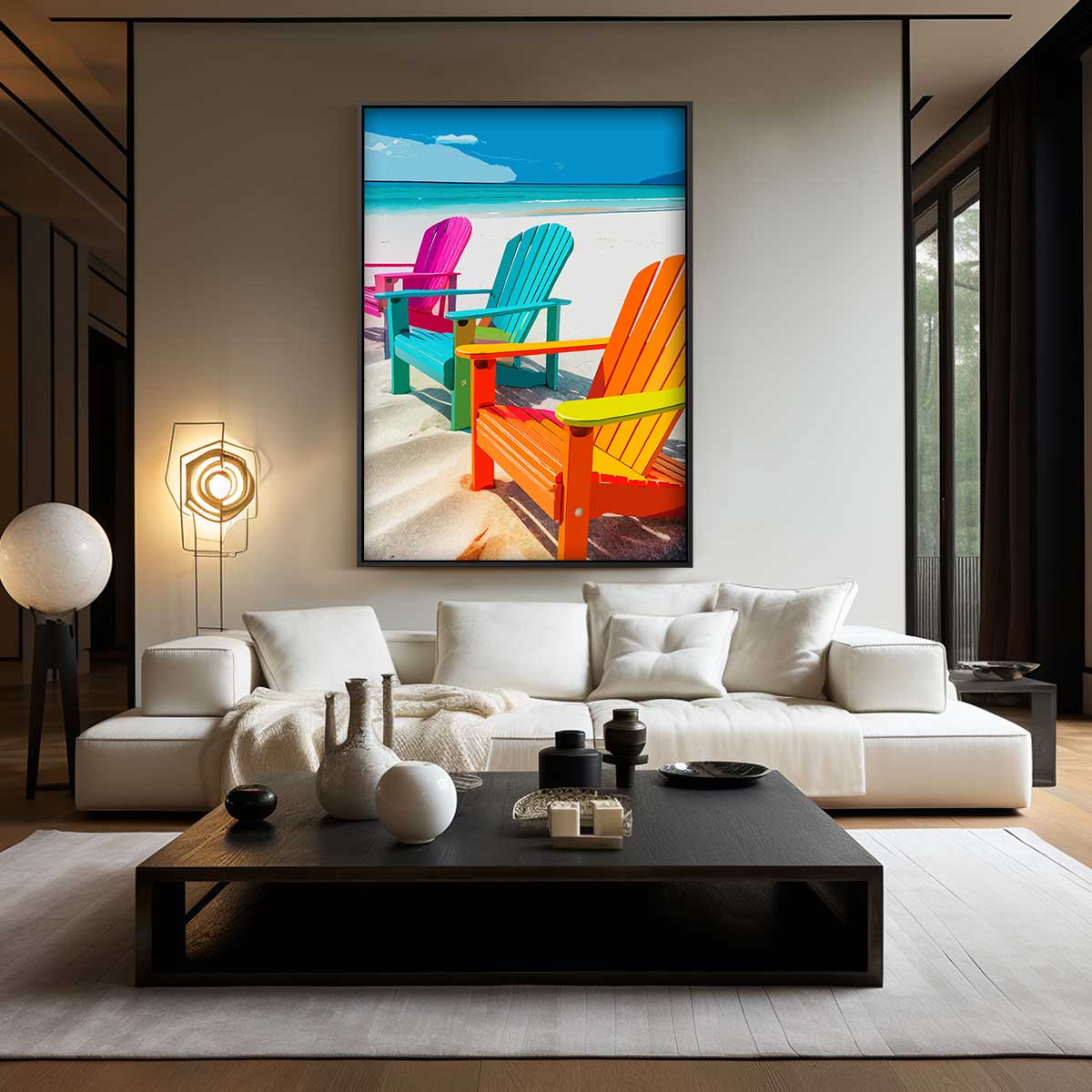 Kleurrijke Strandstoelen aan Zee Kunstwerk-canvas-dibond-plexiglas-wanddecoratie-WallArtistic