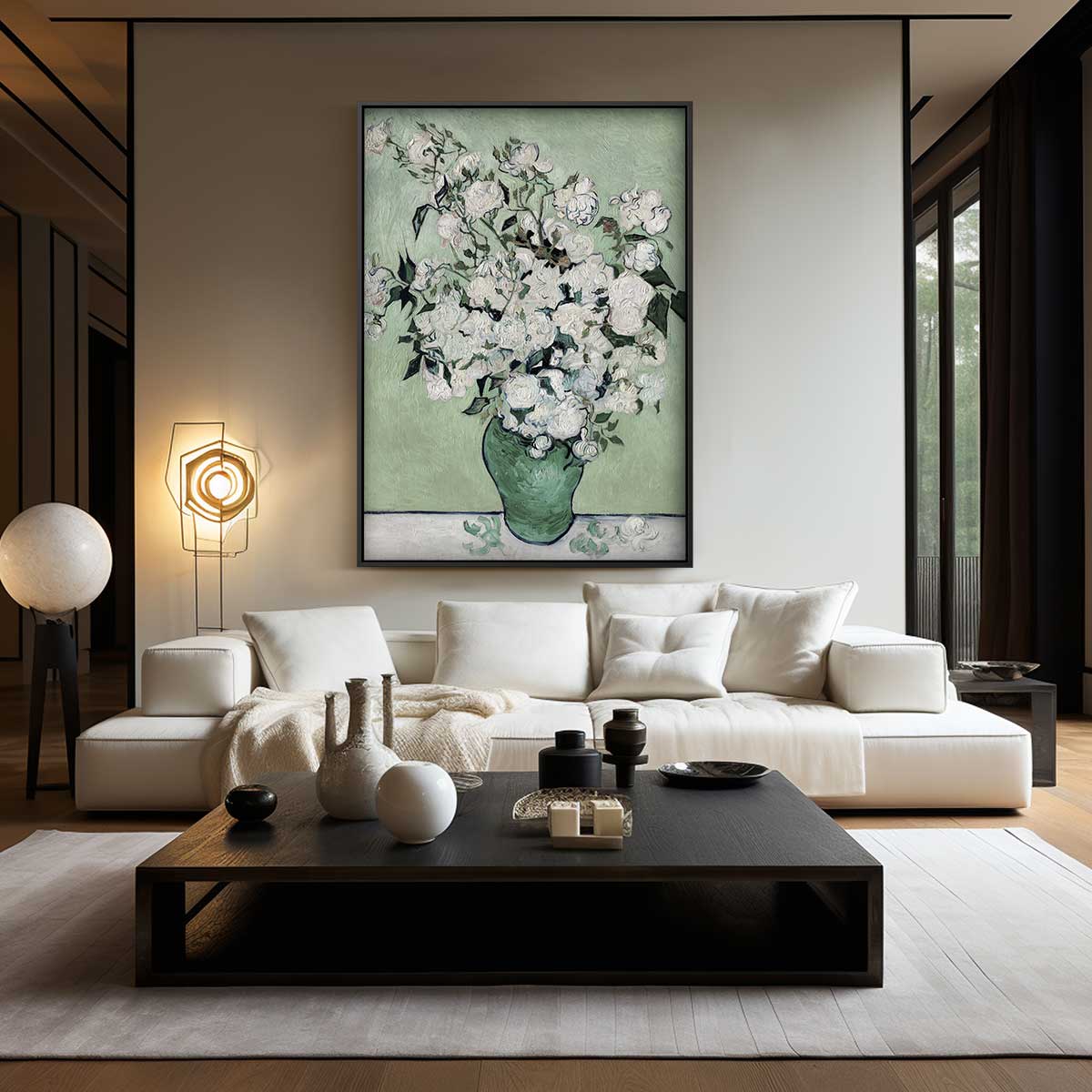Witte Rozen in Groene Vaas Kunstwerk-canvas-dibond-plexiglas-wanddecoratie-WallArtistic