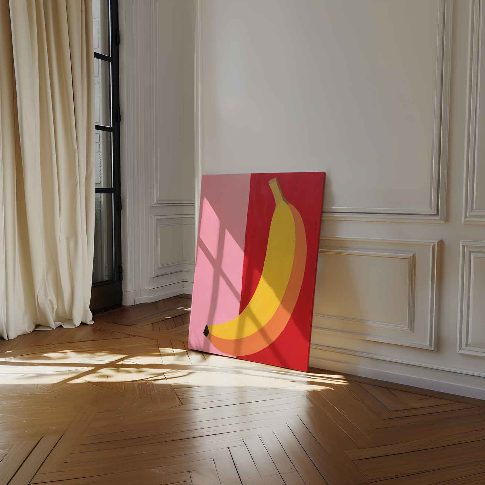 Kleurrijke Banaan op Roze en Rood Kunstwerk-canvas-dibond-plexiglas-wanddecoratie-WallArtistic