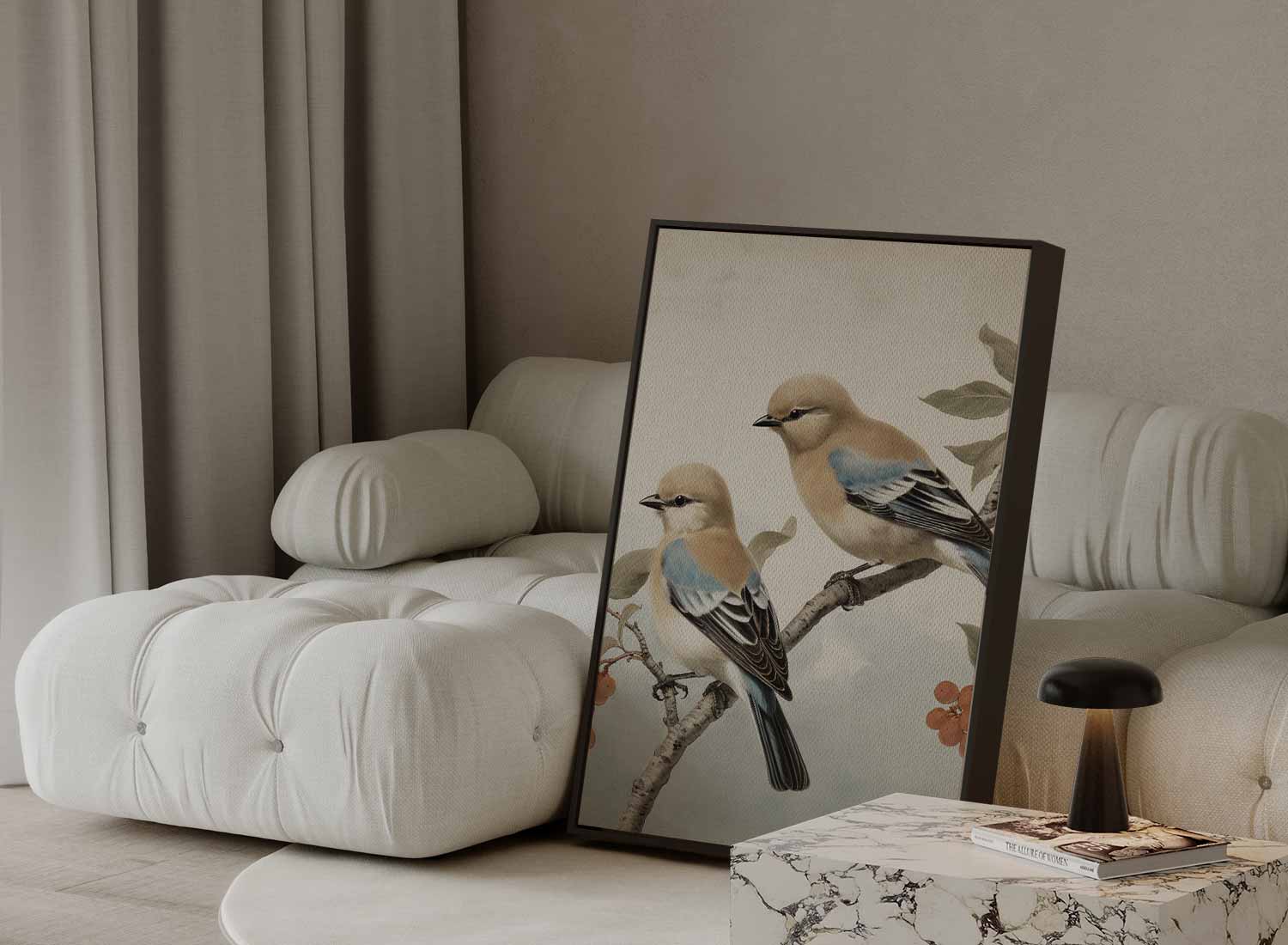 Dromerige Vogels op een Tak Kunstwerk-canvas-dibond-plexiglas-wanddecoratie-WallArtistic